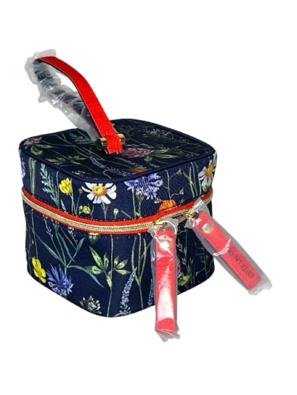 Estee Lauder Floral Print Double Zip Orange Top Handle Wristlet Mini Square Bag